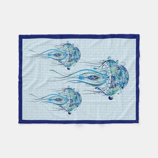 Blauwgroene Retro Kwallen Over Blauwe Achtergrond Fleece Deken (Voorkant (Horizontaal))