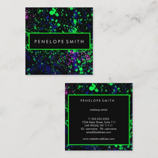 Blauwgroene roze zwarte schilder Splatter Makeup A Vierkante Visitekaartje (Voorkant / Achterkant)