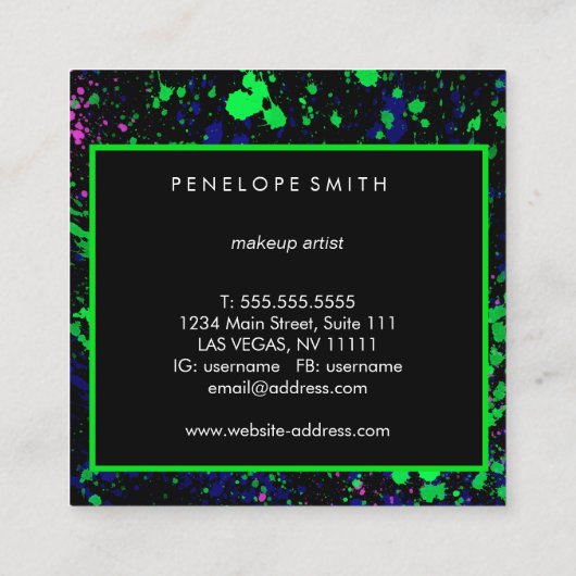 Blauwgroene roze zwarte schilder Splatter Makeup A Vierkante Visitekaartje (Achterkant)