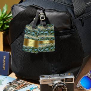 Blauwgroene snakeskin-leder Gold Metal Monogram Bagagelabel