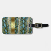 Blauwgroene snakeskin-leder Gold Metal Monogram Bagagelabel (Voorkant horizontaal)