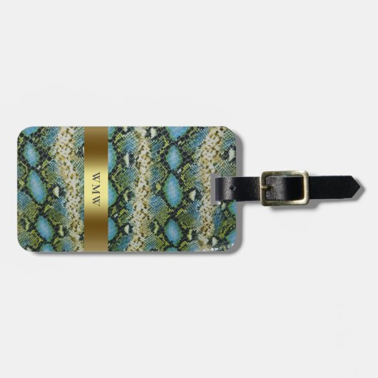 Blauwgroene snakeskin-leder Gold Metal Monogram Bagagelabel (Voorkant horizontaal)