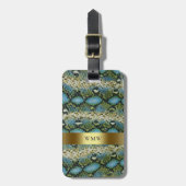 Blauwgroene snakeskin-leder Gold Metal Monogram Bagagelabel (Voorkant verticaal)