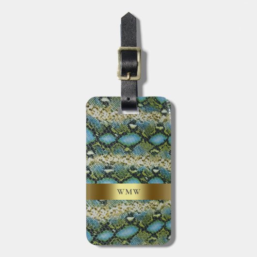 Blauwgroene snakeskin-leder Gold Metal Monogram Bagagelabel (Voorkant verticaal)