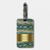 Blauwgroene snakeskin-leder Gold Metal Monogram Bagagelabel (Achterkant verticaal)