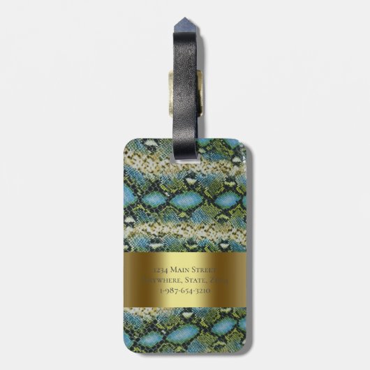 Blauwgroene snakeskin-leder Gold Metal Monogram Bagagelabel (Achterkant verticaal)