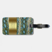 Blauwgroene snakeskin-leder Gold Metal Monogram Bagagelabel (Achterkant horizontaal)