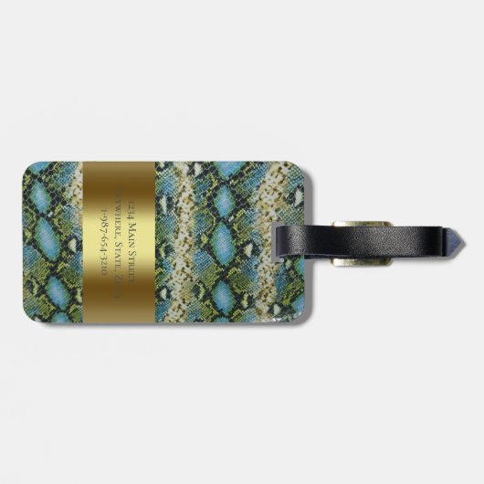 Blauwgroene snakeskin-leder Gold Metal Monogram Bagagelabel (Achterkant horizontaal)