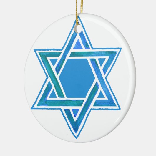 Blauwgroene ster van David Waterverf op White Keramisch Ornament (Links)