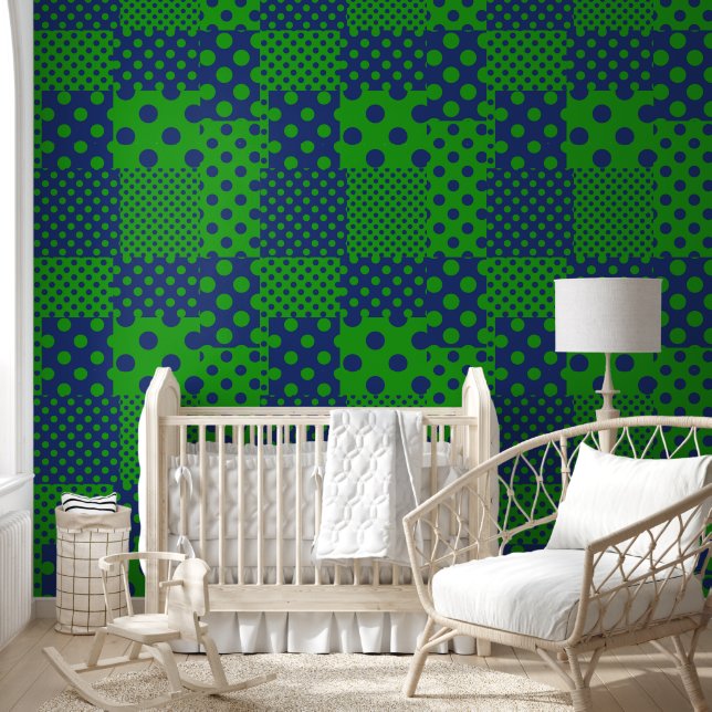 Blauwgroene Stippen Patchwork  Behang (Kinderen)