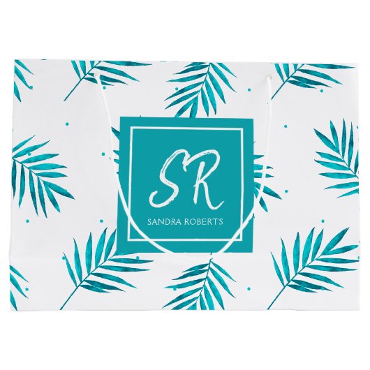 Blauwgroene tropische bladeren patroon groot cadeauzakje (Achterkant)