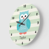 Blauwgroene uil op pastel groene strepen grote klok (Hoek)
