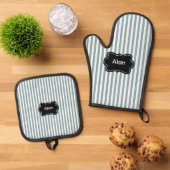 Blauwgroene Verticale Strepen Ovenwant & Pannenlap Set (Top down)