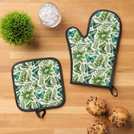 Blauwgroene vlinders ovenwant & pannenlap set