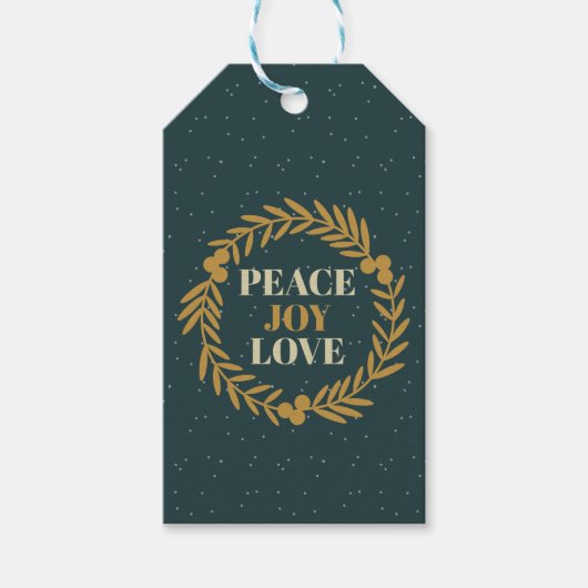 Blauwgroene vrede, vreugde, gouden kerstmis cadeaulabel (Voorkant)