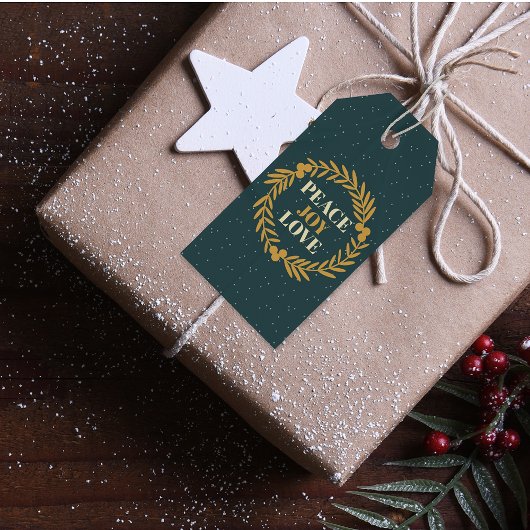 Blauwgroene vrede, vreugde, gouden kerstmis cadeaulabel