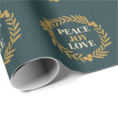 Blauwgroene vrede, vreugde, gouden kerstmis cadeaupapier (Rol Hoek)