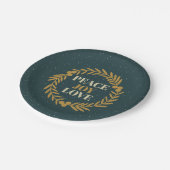 Blauwgroene vrede, vreugde, gouden kerstmis papieren bordje (Gekanteld)