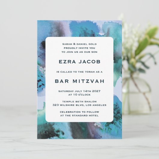 Blauwgroene Waterverf Custom QRCode Bar Bat Mitzva Kaart (Staand voorkant)