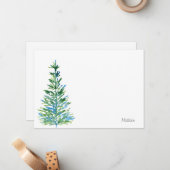 Blauwgroene waterverf dennenboom notitiekaartje (Voorkant / Achterkant in situ)