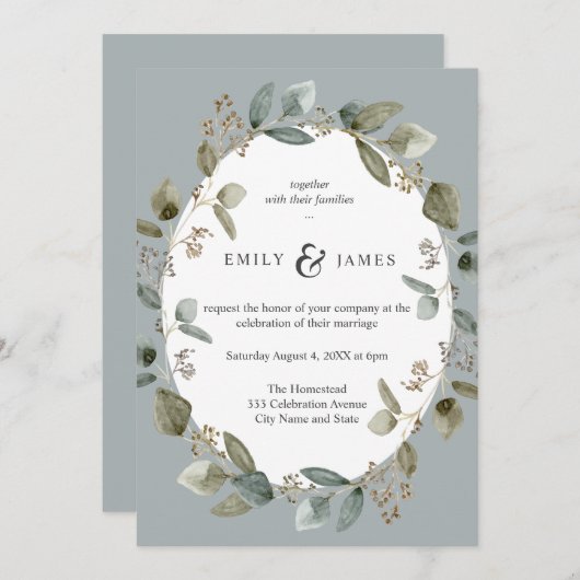 Blauwgroene Waterverf Greeney verlaat bruiloft Kaart (Voorkant / Achterkant)