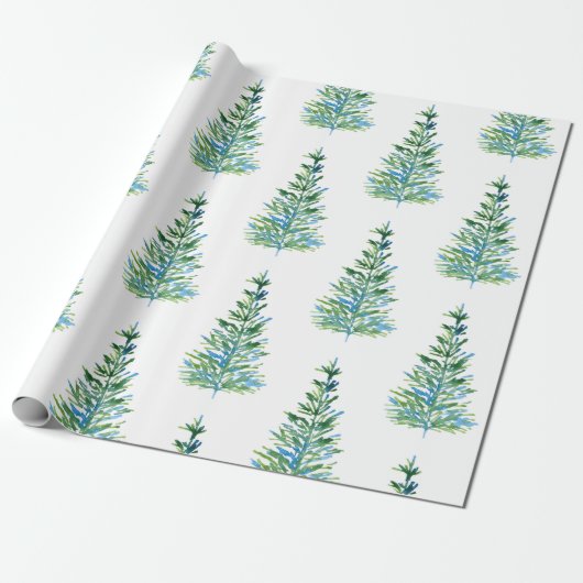 Blauwgroene Waterverf Pine Tree Patroon Cadeaupapier (Uitgerold)
