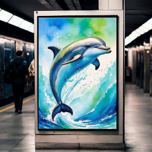 Blauwgroene Waterverf speelse dolfijn in het water Poster