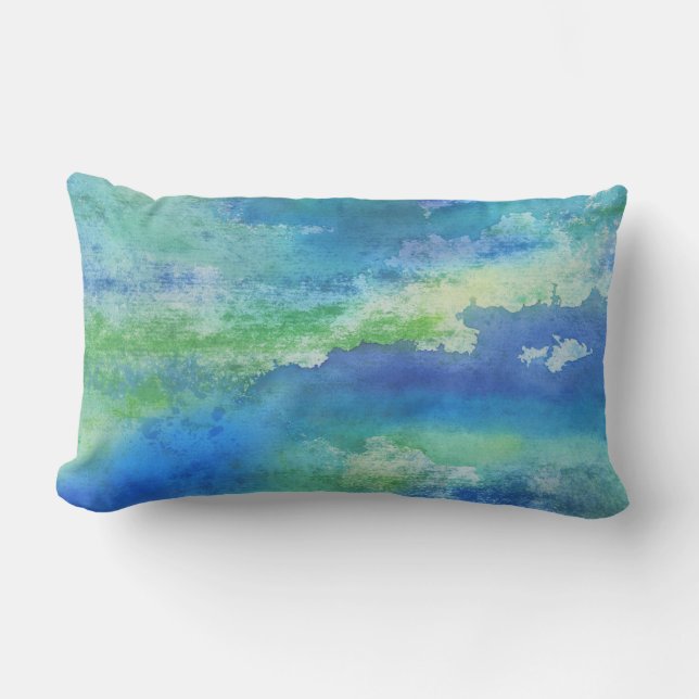 Blauwgroene Waterverf Splash Lumbar Pillow Buitenkussen (Voorkant)