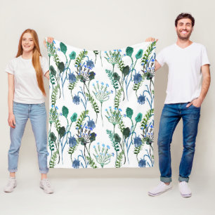 Blauwgroene waterverf wilde bloem fleece deken