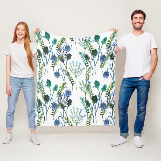 Blauwgroene waterverf wilde bloem fleece deken (In situ)