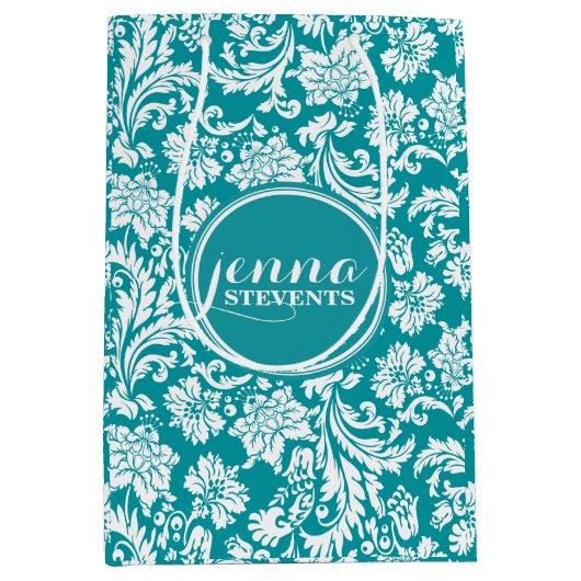 Blauwgroene & Witte Vintage BloemenDamasten Medium Cadeauzakje (Voorkant)