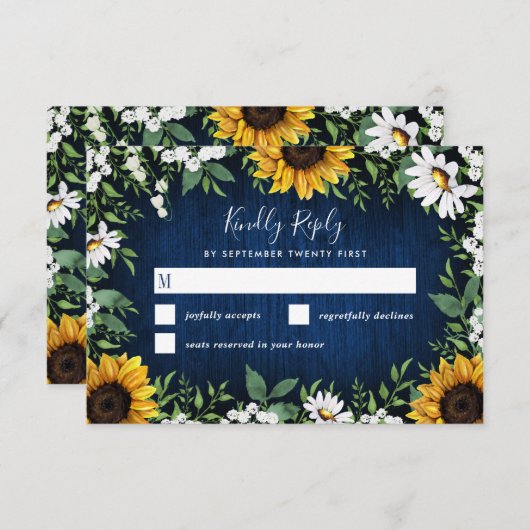 Blauwgroene Zonnebloem Rustieke Trouw RSVP Kaarten (Voorkant / Achterkant)