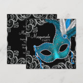 Blauwgroene Zwarte Maskerade Feest Kaart (Voorkant / Achterkant)