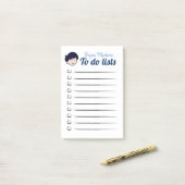 Blauwharige jongen om lijsten te maken post-it® notes (Op bureau)