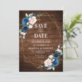 Blauwige Blush Landelijke Houten Geometrische Trou Save The Date (Staand voorkant)