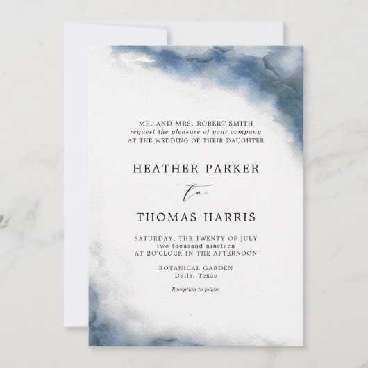 Blauwige Waterverf Klassieke Elegante Bruiloft Kaart (Voorkant)