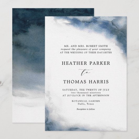 Blauwige Waterverf Klassieke Elegante Bruiloft Kaart (Voorkant / Achterkant)