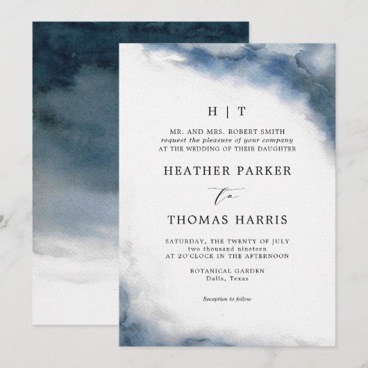 Blauwige Waterverf Klassieke Elegante Bruiloft Kaart (Voorkant / Achterkant)