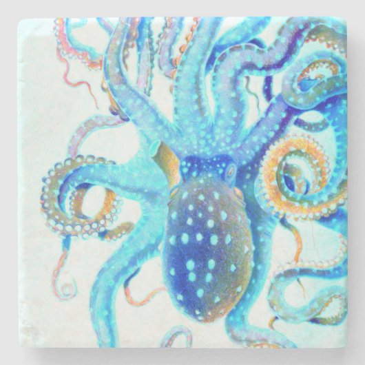 Blauwkleurige octopus stenen onderzetter (Voorkant)
