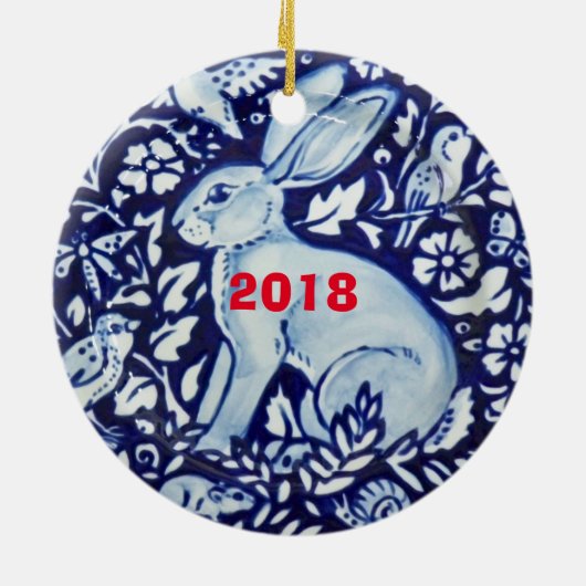 Blauwkonijn en witte konijn Hare Bunny-kerstbos Keramisch Ornament (Achterkant)