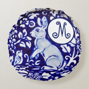 Blauwkonijn vogelpest Monogram Elegant Rond Kussen