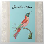 Blauwkopvogel voor bijen met naam op Aqua Tegeltje<br><div class="desc">Dit ontwerp is voorzien van de mooie blauwe kop- of karmijnvogel "bijeneter", met zijn levendige en kleurrijke veren en plumage. Deze vogel vangt, zoals zijn naam impliceert, verschillende insecten en hij verspreidt zich in Zuid- en Midden-Europa, Noord- en Zuid-Afrika en western-Azië. Sommige mensen denken dat deze vogel uit het afbeelding...</div>