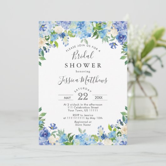 Blauwlichte Waterverf Hydrangea Vrijgezellenfeest Kaart (Staand voorkant)