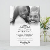 Blauwlijnhartmonogram zwarte trouwfoto kaart (Staand voorkant)