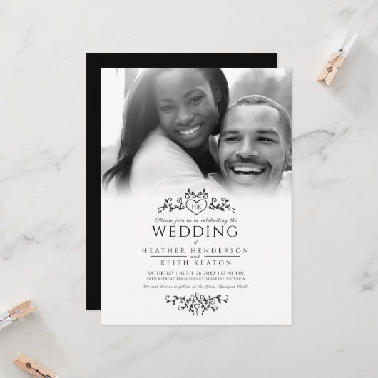 Blauwlijnhartmonogram zwarte trouwfoto kaart (Voorkant / Achterkant in situ)