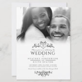 Blauwlijnhartmonogram zwarte trouwfoto kaart (Voorkant)