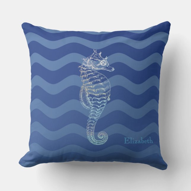 Blauwmarine golven met zeepaardje kussen (Voorkant)