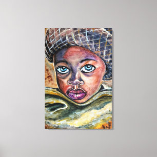 Blauwogig Meisje Met Hoed - Watercolor Kunst - Canvas Afdruk