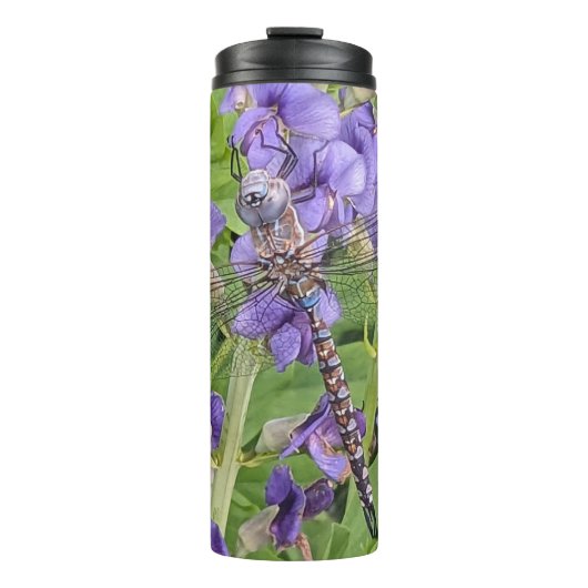 Blauwogige darner libel op bloem thermosbeker (Voorkant)