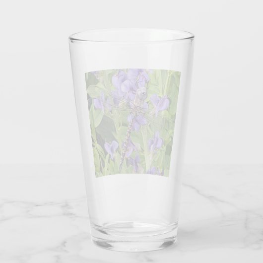 Blauwogige darner libel op paarse bloemen glas (Achterkant)